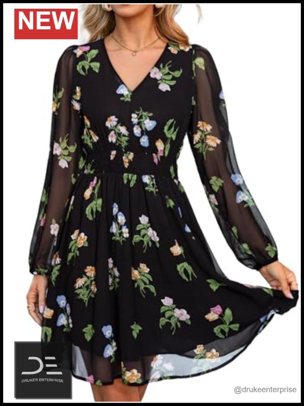 Simplee Womens Floral Chiffon Mini Dress Long Sleeve V Neck A-Line Boho Flowy